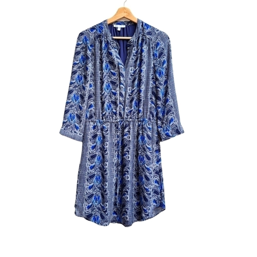 DR2 Blue Paisley Long Sleeve Tunic Dress Elastic Waist Cinch Small